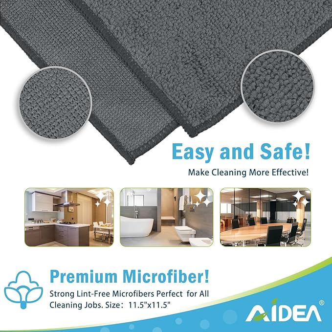 AIDEA Microfiber Cleaning Cloth Grey 8PK, Microfiber Towels for Cars, Premium Car Cloths, Dusting Cloth Lint Free Cleaning Rags for SUVs, House, Kitchen, Window, Workshops,11.5×11.5"