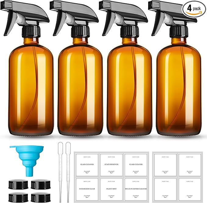 16oz Amber Glass Spray Bottles,4 Pack Glass Spray Bottles Refillable Empty Bottle with Adjustable Nozzle,Spray Bottle for Cleaning,Essential Oils,Cleaning,Pets,Plant, Hair Mister