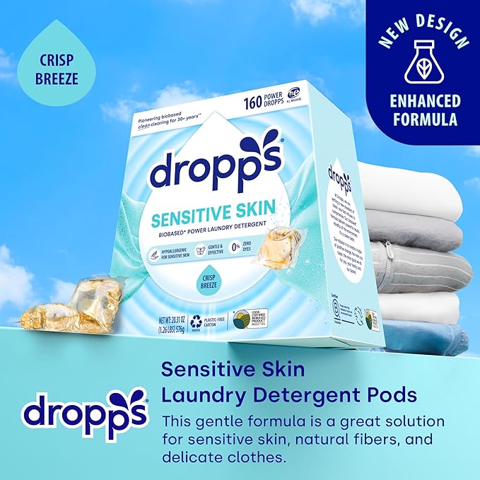 Dropps Sensitive Skin Laundry Detergent Pods, Crisp Breeze (160 Count) - Dermatologist Tested Laundry Pods - HE Compatible Laundry Supplies for Clean Clothes, Vegan & Dye-Free