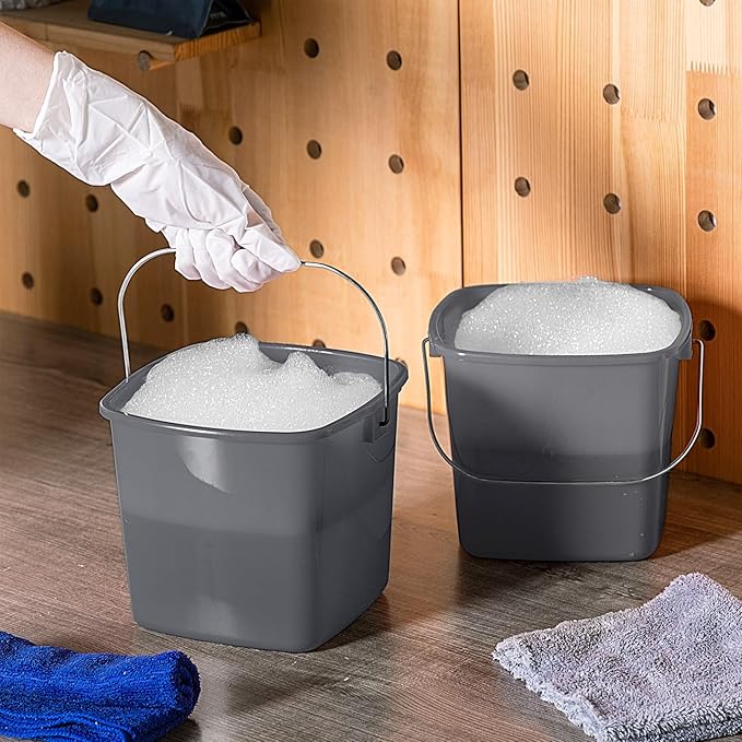 Zhehao 6 Pcs 3 Quart Cleaning Bucket Small Detergent Square Bucket Sanitizing Plastic Pail with Handles Square Cleaning Pail for Home, Offices, School, Commercial Use, Food Service (Gray)