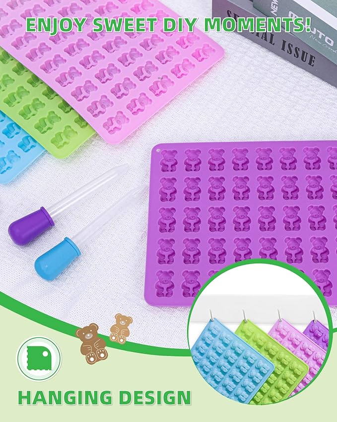 Gummy Bear Silicone Molds 4 PCS, KKDINDAN 2ML Chocolate Gummy Molds with 2 Droppers and 1 Cleaning Brush, BPA Free Food Grade Silicone Molds, Nonstick Candy Molds
