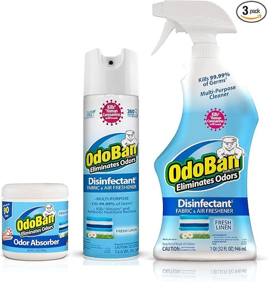 OdoBan Multipurpose Cleaner Disinfectant and Harsh Smell Eliminator Fabric/Air Freshener Pack: Ready-to-Use 360-Degree Continuous Spray, Trigger Spray, Solid Smell Absorber, Fresh Linen Scent