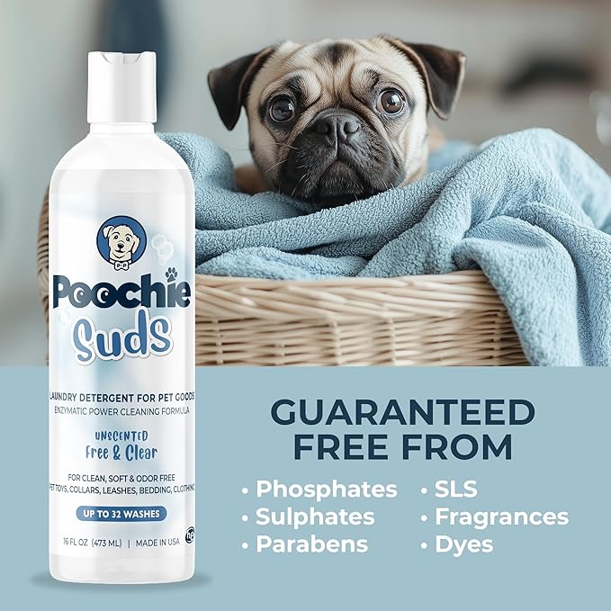Poochie Suds Pet Laundry Detergent, Enzyme Cleaner and Odor Remover, Hypoallergenic and Fragrance-Free Pet Safe Detergent for Dog and Cat Bedding, Blankets, Toys and Gear, Made in USA, 16 fl oz