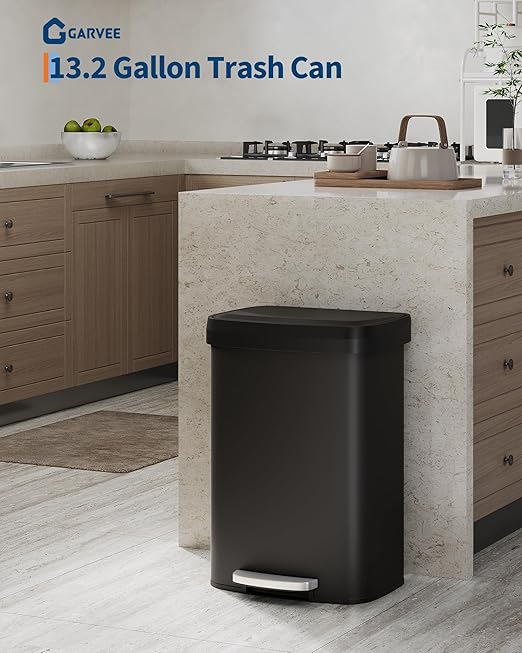 Garvee 13 Gallon / 50 Liter Metal Trash Can with Lid, Large Garbage Can for Kitchen, Rustproof Step-on Kitchen Metal Trash Bin with Liner Rim, Rear Handle, Soft Close Plastic Lid, Black