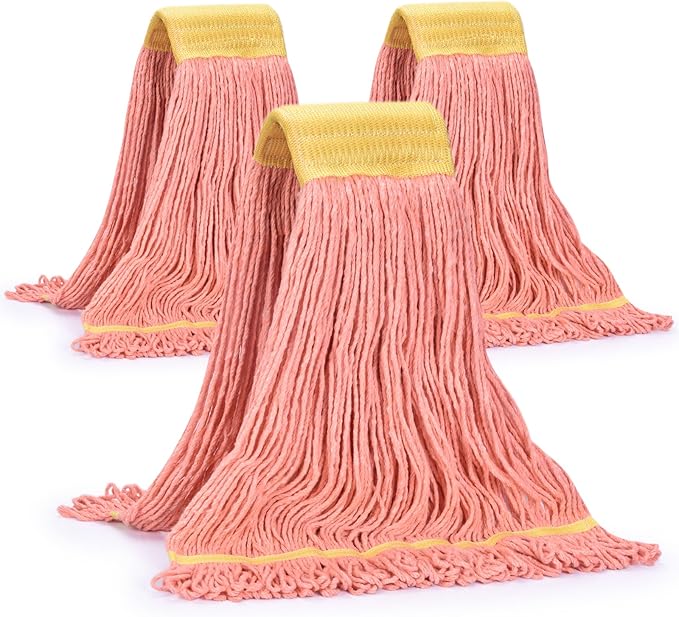 Matthew Cleaning Commercial Mop Head Replacement, 5 Inch Wide Headband, Looped End Cotton Blend String Wet Mops for Floor Cleaning, 24 oz Large, 3-Pack Orange