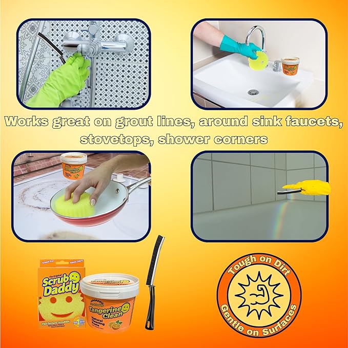 Tangerine Clean All-Purpose Household Cleaner Kit - 99% Plant-Based Cleaning Paste with Brush & Scrubber - Grout Cleaner for Tile Floors & Cleaning Tools for Sink, Stove, Kitchen, Shower & Bathroom