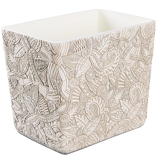 Rustic White Tropical Leaves Carved Small Bathroom Trash Can 2.5 Gallon(9 Liter), Resin Heavy Sturdy Kitchen Garbage Can,Living Room Bedroom Trash Can, Decorative Wastebasket for Home, Garden, Office