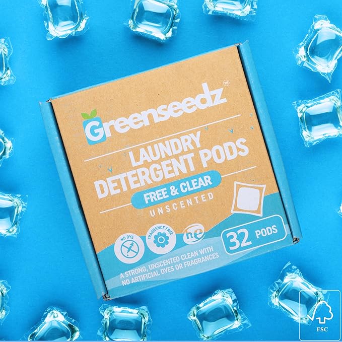 Laundry Detergent Pods Free & Clear, Unscented, 32 Count, Eco Friendly, Biodegradable, HE Compatible, 32 Count, Powerful Stain & Odor Removal, Skin Friendly