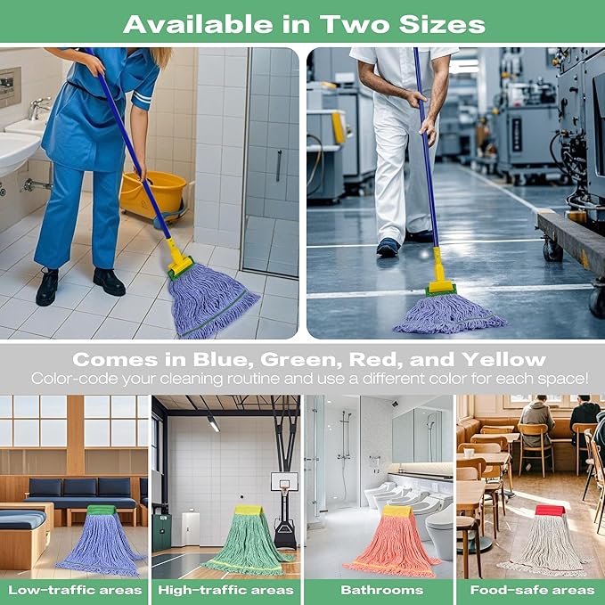 Matthew Cleaning Heavy Duty Mop Head Replacement, 5 Inch Wide Headband, Color Coded Looped End Cotton String Wet Mops for Floor Cleaning, Medium Size 18 oz, 4 Pack