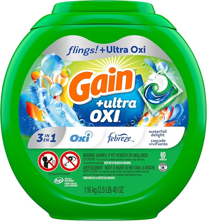 Gain flings Ultra Oxi Laundry Detergent Pacs, 60 Count, Waterfall Delight Scent, 3-in-1, HE Compatible
