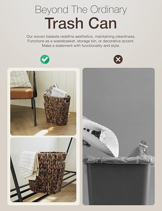 4 Gallons Wicker Waste Basket For Bathroom - Water Hyacinth Wicker Trash Can – Kitchen, Home Bathroom Garbage Can, Oval Magazine Basket - Desk Trash Can, Office Garbage Can with Handles (Black)