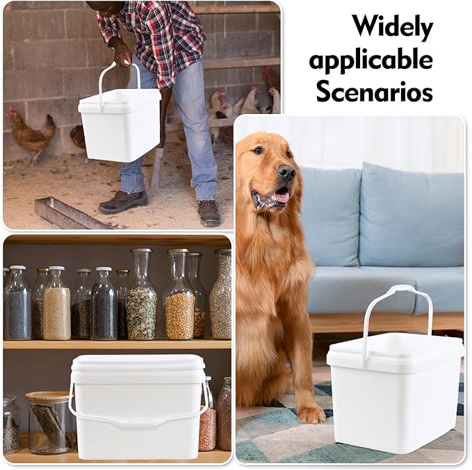 4-Pack 5 Gallon Plastic Rectangular Bucket Pail with Snap Lid, Square Food Bucket Pail Container with Handle, White