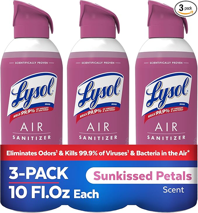 Lysol Air Sanitizer Spray with Odor Eliminator for Home & Office, Sanitizing Spray, Air Freshener Alternative, Sunkissed Petals Scent, 10 oz (Pack of 3)