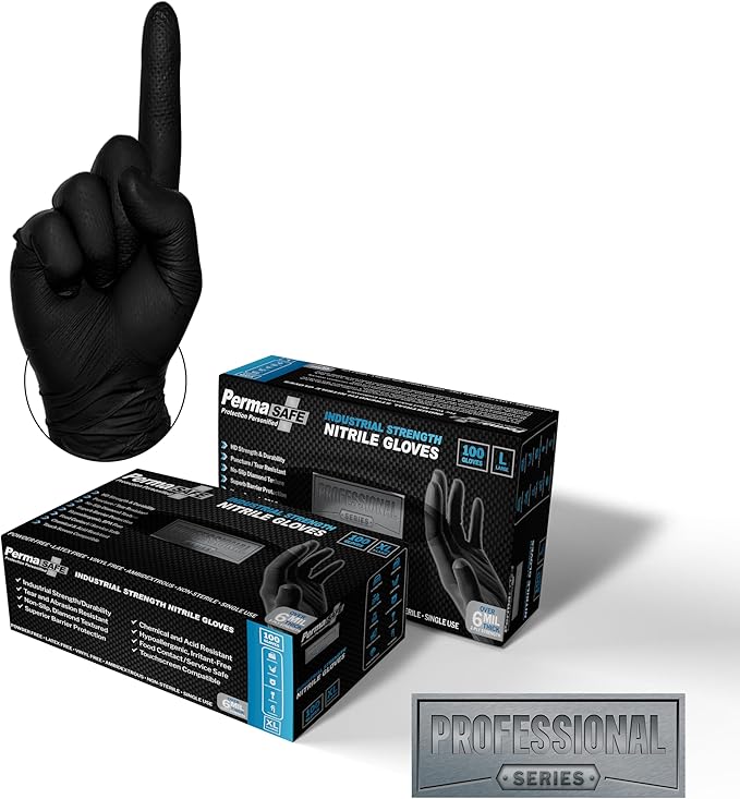 PermaSafe HD Black Disposable Nitrile Industrial Gloves, 6+ Mil, Latex-Free, Raised Textured, Mechanics, Medical, Food, More - Large Box of 1000