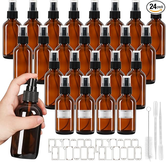 120ml Glass Spray Bottles with Fine Mist Sprayer 24Pack, Small Amber Glass Spray Bottles 4 oz for Perfumes,Cleaning Products,Pet Spray (4fl.oz, Set of 24)