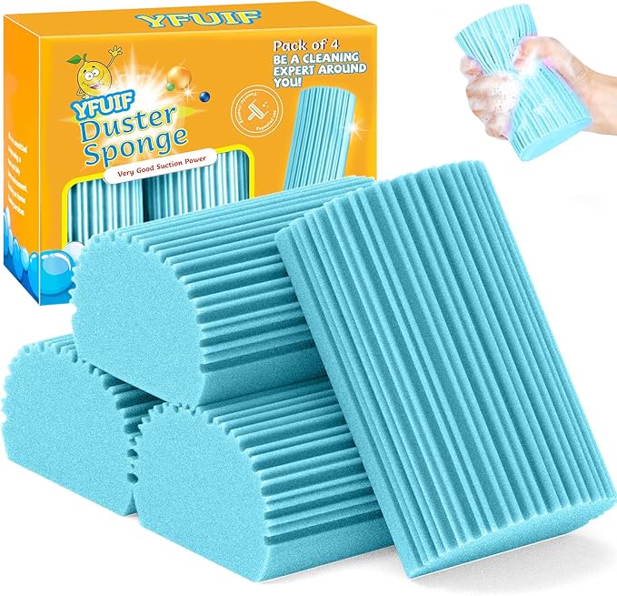 4 Pack Damp Clean Duster Sponge, Magic Sponge Eraser for Household Cleaning, Reusable Dusters Cleaning Supplies for Housekeeping, Dish, Blinds, Glass, Baseboards,Window Track Grooves and Faucets