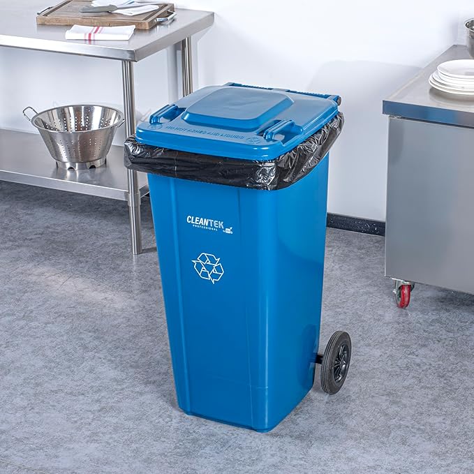 Clean Tek Professional 32 Gallon Trash Can With Wheels, 1 Garbage Can With Lid - Step-On Attachment Sold Separately, Rectangle, Blue Plastic Dustbin, Long-Lasting, For Outdoor - Restaurantware