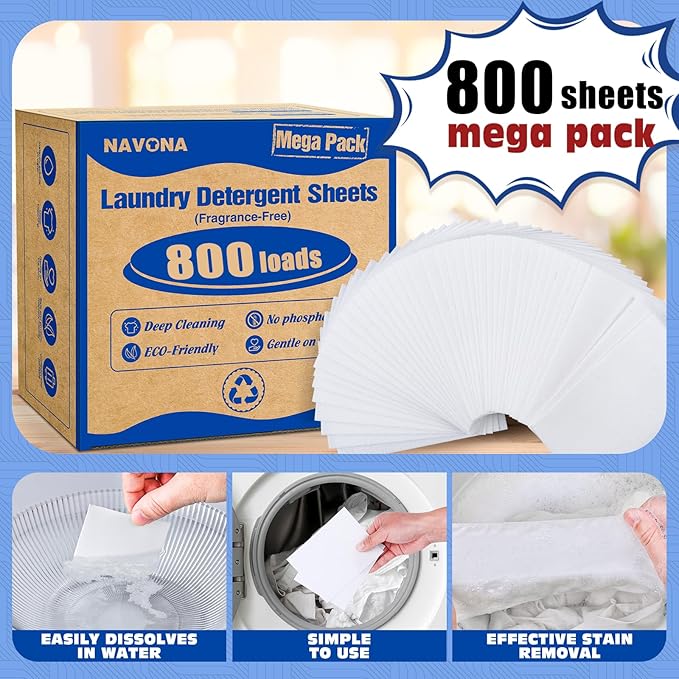 800 Loads Mega Pack Laundry Detergent Sheets, Eco-friendly Laundry Sheets, Powerful Cleaning, Suitable for Homes, Dorms, and Apartments- [Fragrance-Free]