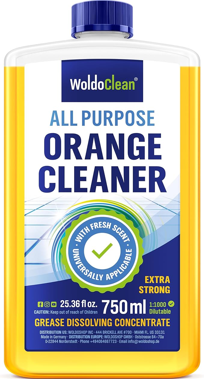 WoldoClean Orange Oil Cleaner Concentrated 25.36 fl oz (1 : 1000) - makes up to 200 Gallons Multi-Use Adhesive & Grease Remover, Custom-Dilution Citrus Degreaser for Floors, Kitchen & Bath