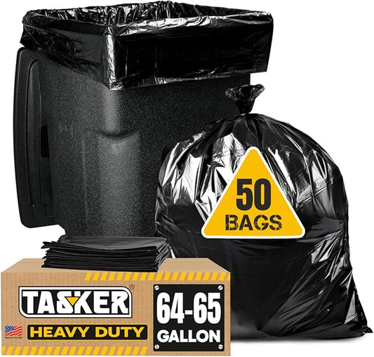 Tasker 64 Gallon Trash Bags Heavy Duty (Value-PACK 50 Bags w/Ties) 64 Gallon Trash Bags | 65 Gallon Trash Bag Heavy Duty Large Black Industrial Garbage Bags | 60 Gallon Garbage Bag