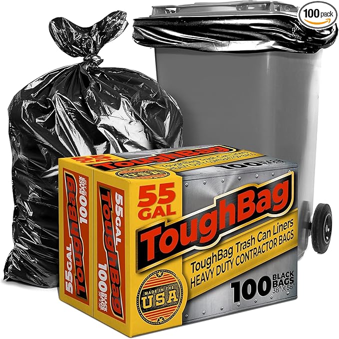 ToughBag 55 Gallon Trash Bags Heavy Duty (100 Count) - 50-60 Gallon Black Garbage Bags, Large Trash Bags - 38 x 58" - Made in USA