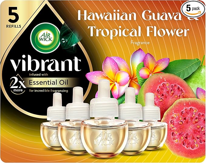 Air Wick Vibrant Plug in Scented Oil Refill, 5ct, Nectarine & Paradise Flower, Air Freshener, Essential Oils