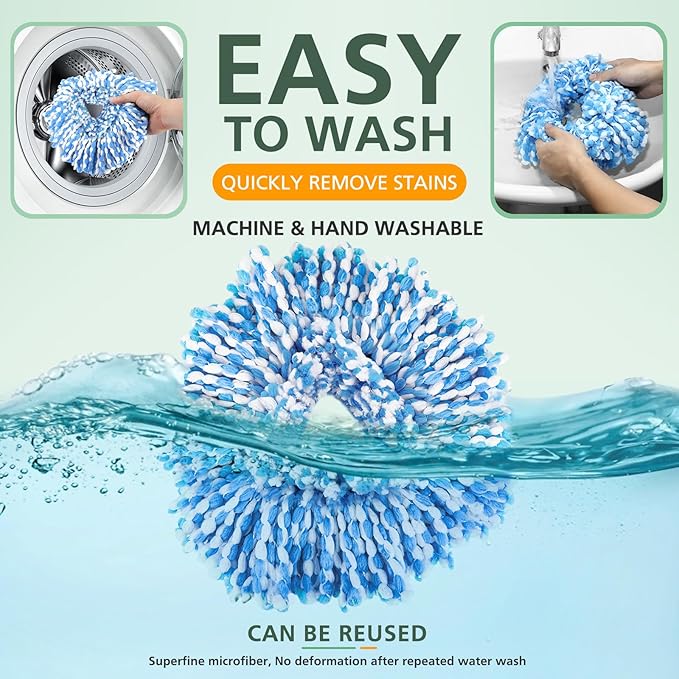 4 Pack Spin Mop Refill Replacement Head Compatible with EasyWring 1-Tank System Spinning Mop, with 1 Swivel Mop Base, 100% Microfiber Deep Cleaning Machine Washable - Blue