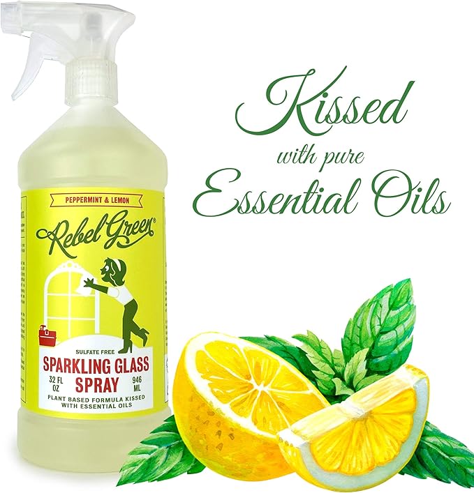 Rebel Green Sparkling Glass Cleaner - Streak Free Glass Cleaner Spray - Natural Glass & Surface Spray for Windows, Mirrors, & More - Scented with Peppermint & Lemon - (32 Ounce Bottles, 4 Pack)