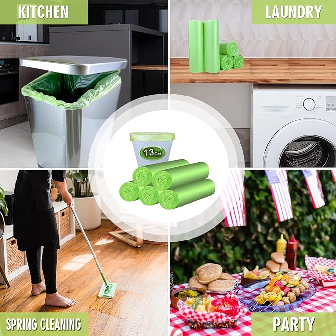 Trash Bags 13 Gallon Tall Kitchen Garbage Bags, Inwaysin Recycle Bags, Biodegradable Trash Bags, 75 Bags, Green