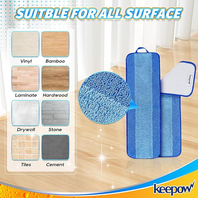 KEEPOW Microfiber Cleaning Pad, Mop Replacement Pads for Hardwood Floor Cleaner, 18 Inch, Washable & Reusable Spray Refills for Hard Surface Laminate Wood (4 Pack)