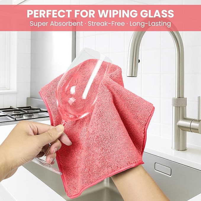 Microfiber Cleaning Cloth, 12 Pack Pink Cleaning Rags for Housekeeping, Reusable Microfiber Towels for Car, Kitchen, Bathroom and Household Cleaning Supplies, 11.8"X11.8"