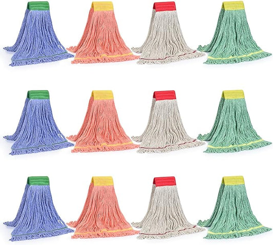 Matthew Cleaning Heavy Duty Mop Head Replacement, 5 Inch Wide Headband, Color Coded Looped End Cotton String Wet Mops for Floor Cleaning, Medium Size 18 oz, 12 Pack