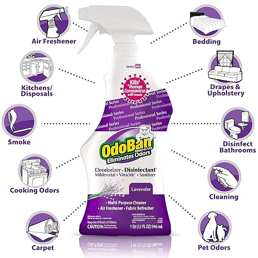OdoBan Professional Disinfectant and Odor Eliminator Ready-to-Use Spray, Made in the USA, Lavender Scent, 4-Pack, 32 Ounces Each