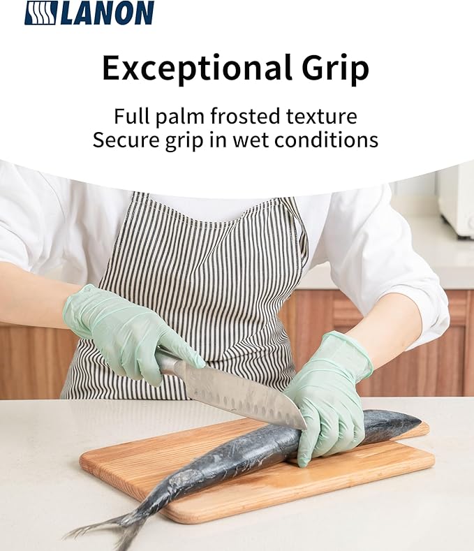 LANON 5 mil Vitamin-E Coated Latex Disposable Gloves, Food-Contact Grade, Fully Textured, Green, Large