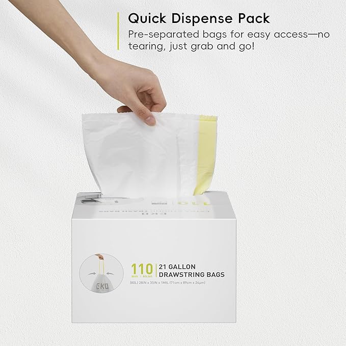 EKO 21 Gallon / 50-90 Liter,110 CountDrawstring Trash Bags, Extra-Strong Unscented Garbage Bags, Easy-Dispense Roll for Kitchen & Household Use, Resists Tears, Leaks and Punctures, Code G, White