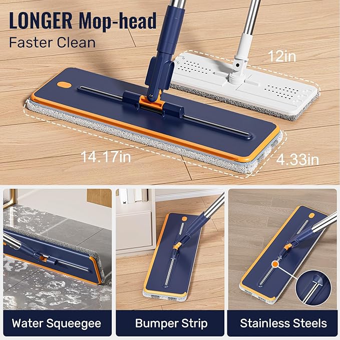 Mop and Bucket Set with Wringer, 3-Tank Flat Mop and Bucket System, Wall Mop Cleaner with Long Handle, Hands Free Mops for Floor Cleaning with 4 Microfiber Pads