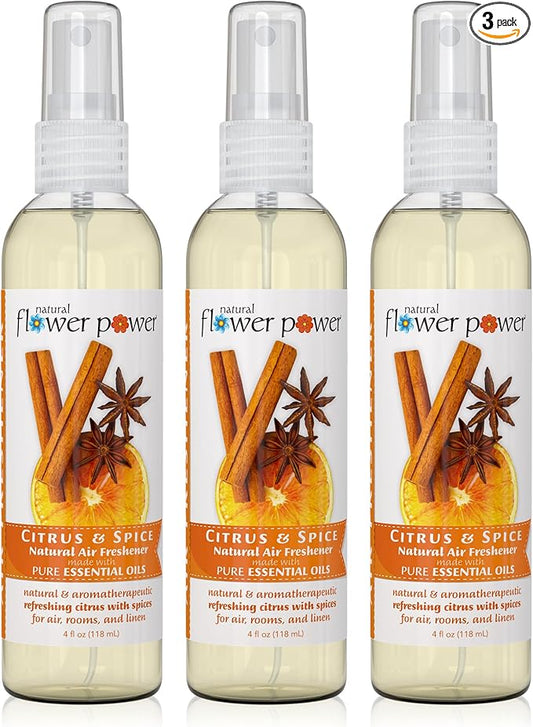 Natural Flower Power Air Freshener Spray - Odor Eliminator w/Essential Oils - Home, Car & Fabric - Cruelty Free & Vegan - 3 - Citrus & Spice - 3 x 4 fl oz