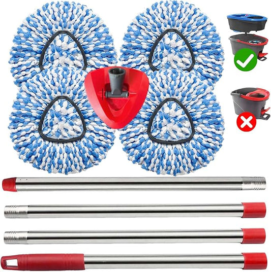 Spin Mop Replace Heads for O Cedar Rinse Clean 2 Tank System, Spin Mop Replacement Head 4 Microfiber Mop Refills, 1 Triangle Head Cover and 30-58in Handle