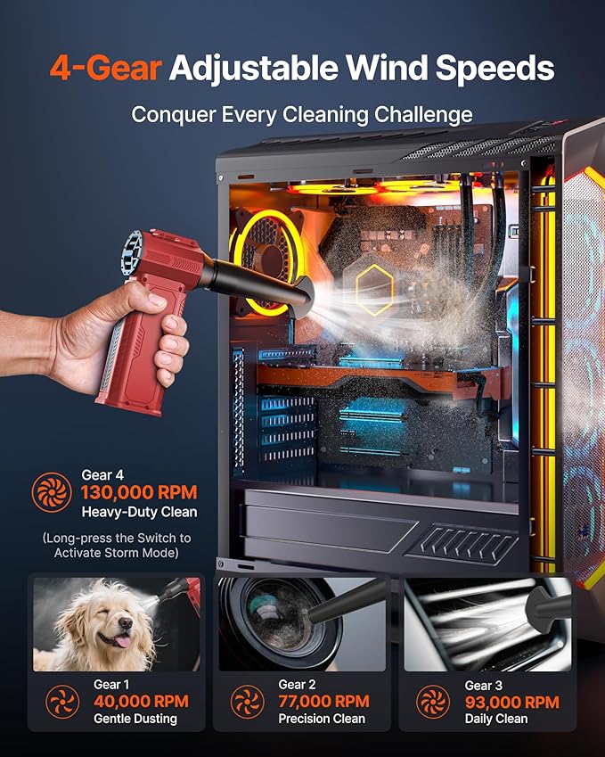 Compressed Air Duster, 130,000RPM Ultra-Powerful Cordless Electric Air Duster with 8000mAh Rechargeable Battery, 4-Gear Adjustable Air Blower for Keyboard, Computer, Car, Home Cleaning - Red