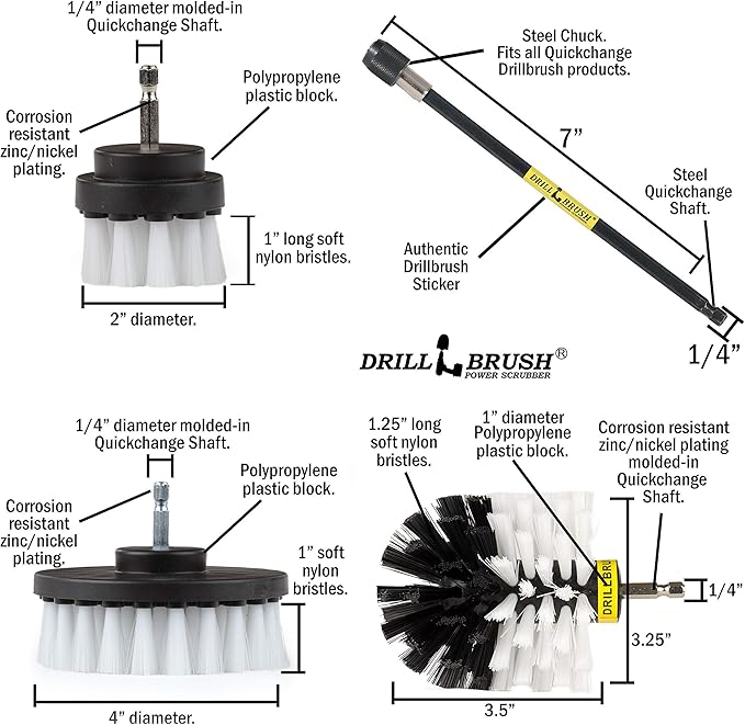 Auto Brushes - Drillbrush - Rotary Drill Brush Cordless Scrubber - Detail Brush Set - Chrome Wheel Cleaner - Leather Cleaner - Bathroom Cleaning Tools - Drill Brush Pads - Bathtub - Shower Cleaner