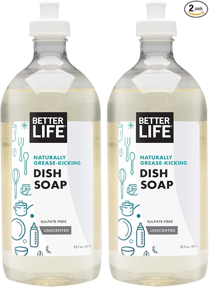 Better Life Dish Soap - Liquid Dishwashing Soap with Vitamin E and Aloe for Home & Kitchen Sink - No Gloves Required Kitchen Soap for Sensitive Skin - 22oz (Pack of 2) Unscented