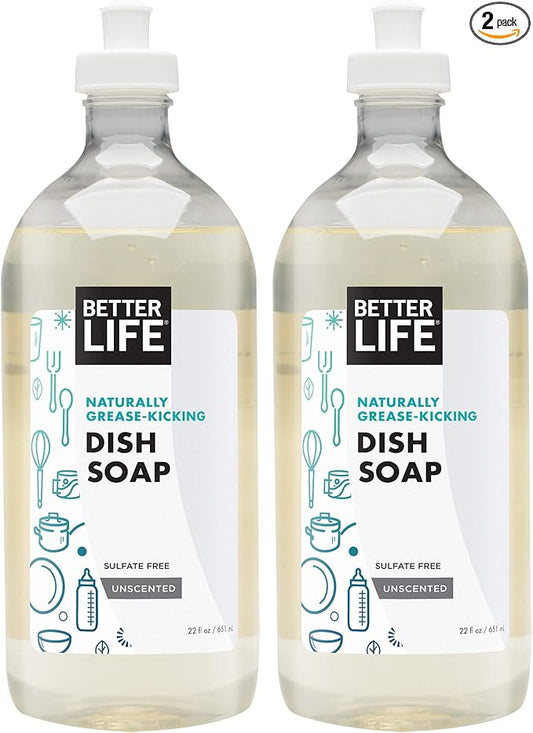 Better Life Dish Soap - Liquid Dishwashing Soap with Vitamin E and Aloe for Home & Kitchen Sink - No Gloves Required Kitchen Soap for Sensitive Skin - 22oz (Pack of 2) Unscented