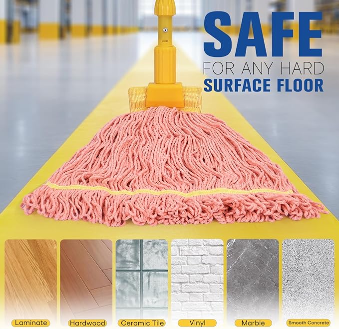 Matthew Cleaning Heavy Duty Mop Head Replacement, 5 Inch Wide Headband, Color Coded Looped End Cotton String Wet Mops for Floor Cleaning, Large Size 24 oz, 4 Pack