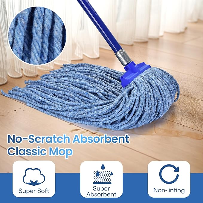Matthew Cleaning Screw-on Heavy Duty Cotton Wet Mop Replacement Heads(Blue, Large,12 Pack) with 2 Pack Microfiber Cloth for Residential & Commercial Floor Cleaning Use- Fit Standard American Screw