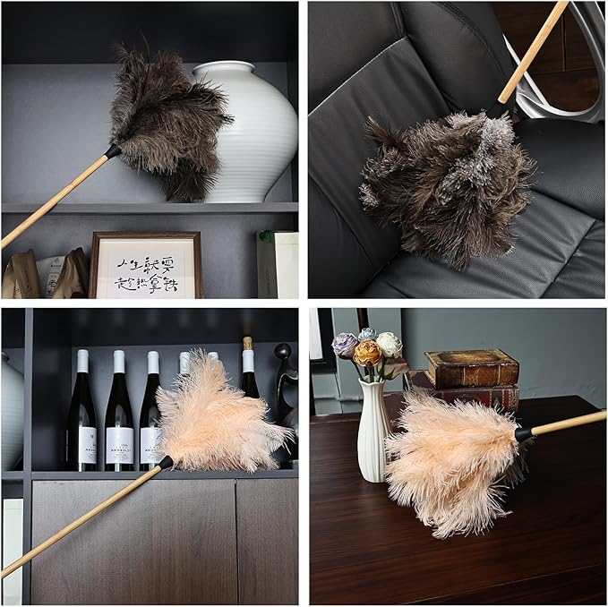 THARAHT 1PCS Ostrich Feather Duster Fluffy Natural with Wood Handle Reusable Washable for Cleaning Keyboard,Home,Car,Office Ostrich Feather Duster,29Inch