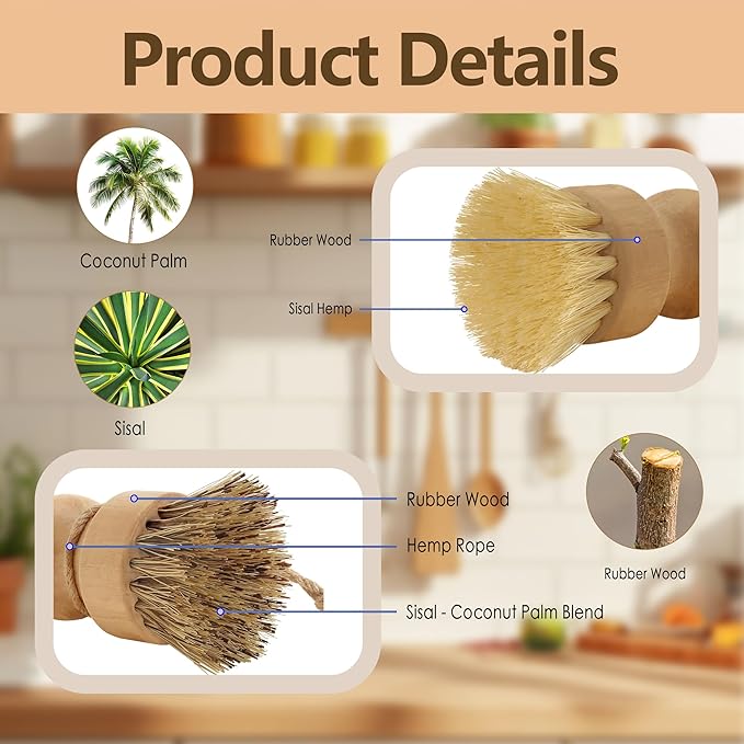 Wooden Dish Scrub - Natural Fiber Scrubber for Handle Kitchen Food & Dishes and Vegetable - 3 Pack