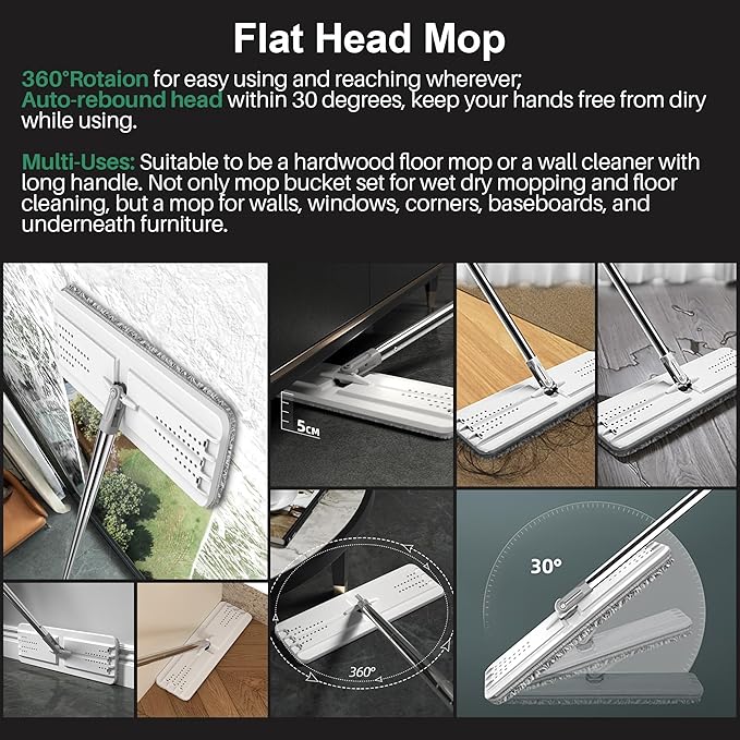 JOYMOOP Mop and Bucket with Wringer Set, Hands Free Flat Floor Mop and Bucket, with 5 Washable Microfiber Pads, Wet and Dry Use, Floor Cleaning System