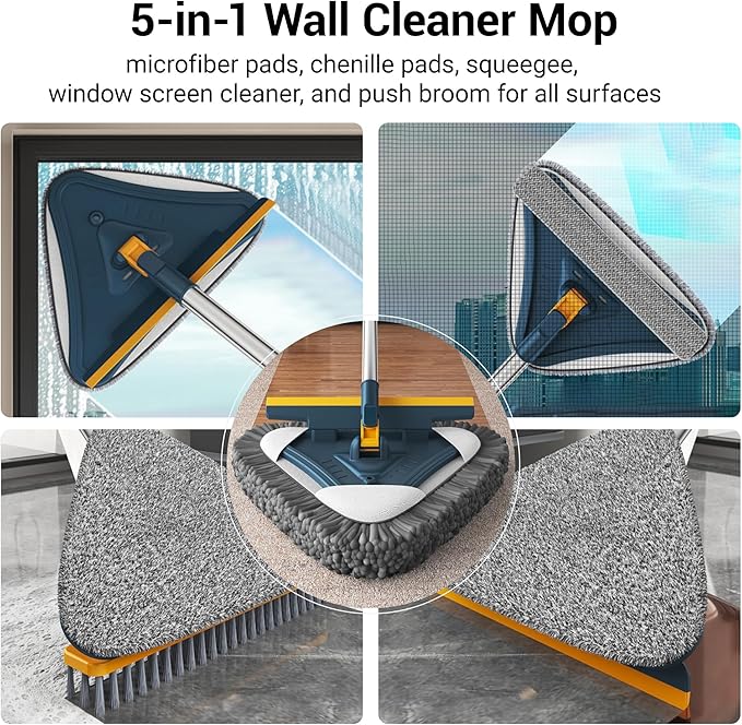 7-in-1 Wall Cleaner, Triangle Mop Set with 7 Replaceable Heads and Adjustable Long Handle for Walls, Floors, Windows, Ceilings, Baseboards (Navy Blue)
