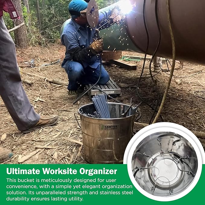 Sawyer’s Stainless Steel Welding Rod Bucket - 4.5 Gal Metal Pail with Partitioned Storage for Electrodes & Stubs, Holds 500+ lbs, Portable Handle, Durable Design for Tools & Storage