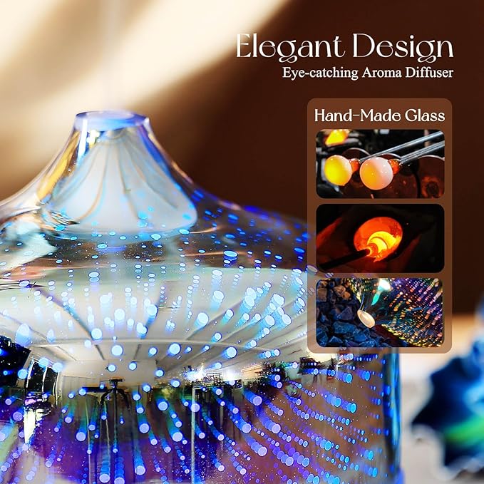 Porseme 500ml Essential Oil Diffuser 3D Glass Aromatherapy Ultrasonic Humidifier - Auto Shut-Off, Timer Setting, BPA Free for Home Hotel Yoga Gift